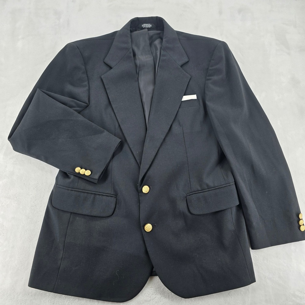 Haggar Clothing Co Blazer Navy Blue Gold Buttons Worsted Wool Sport Coat